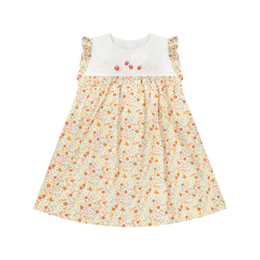 Strawberry Print Cotton Dress with Embroidered Yoke