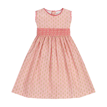 Smocked Cotton Dress, Geometric Pink