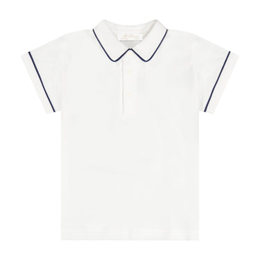Pique Cotton Polo Shirt with Contrast Piping, White/Navy