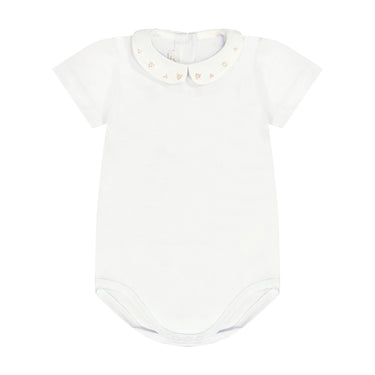 Cotton Jersey Bodysuit with Embroidered Floral Collar, White
