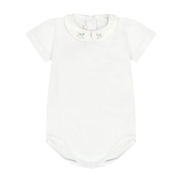 Cotton Jersey Bodysuit with Embroidered Rocking Horse Collar, White