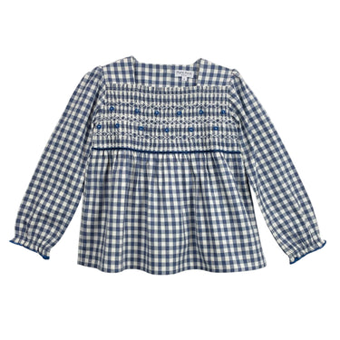 Ivy Flannel Smocked Blouse, Navy Gingham