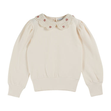 Embroidered Cherry Collar Sweatshirt, Creme