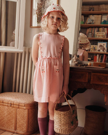 Cherry Embroidered Apron Dress, Pink Gingham