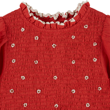 Embroidered Smocked Dress, Morello Cherry