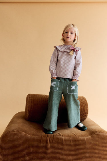 Ollie Trousers, Green Corduroy with Pocket Embroidery