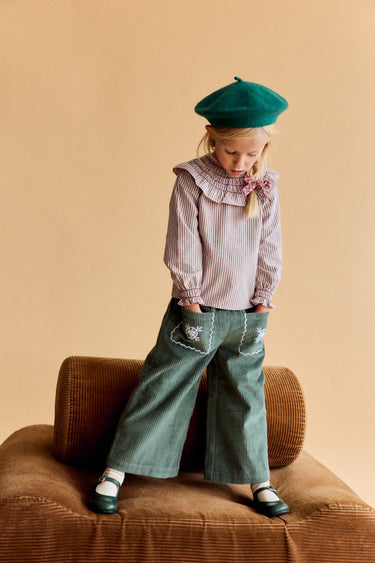Ollie Trousers, Green Corduroy with Pocket Embroidery