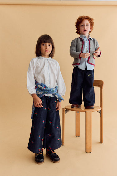 Ollie Trousers, Blue Corduroy with Flower Embroidery