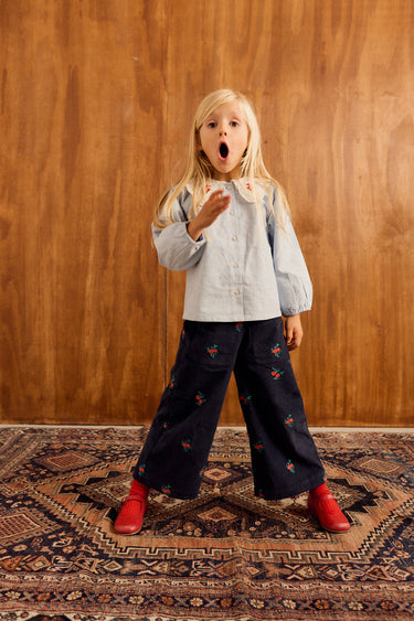 Ollie Trousers, Blue Corduroy with Flower Embroidery