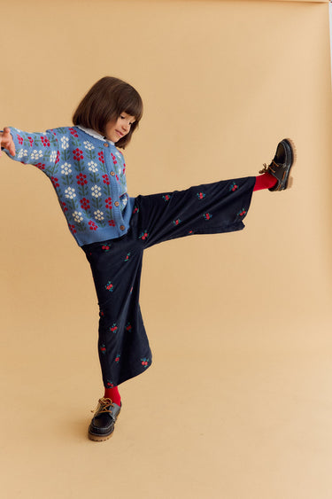 Ollie Trousers, Blue Corduroy with Flower Embroidery