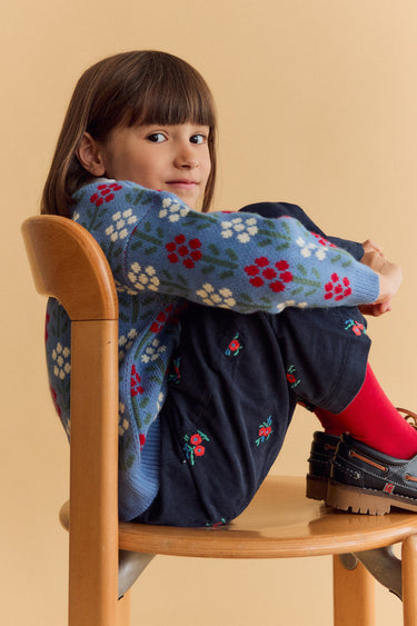 Ollie Trousers, Blue Corduroy with Flower Embroidery