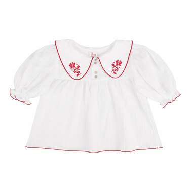 Hortense Embroidered Blouse, Ecru with Red Safran
