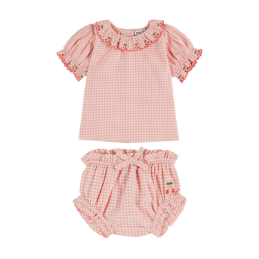 Embroidered Pink Gingham Set, Cherry