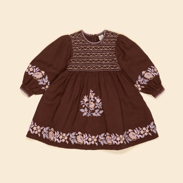 Noemie Embroidered Dress, Dark Chocolate