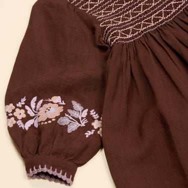 Noemie Embroidered Dress, Dark Chocolate