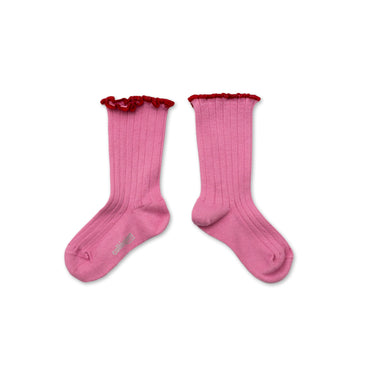Delphine Lettuce Trim Ribbed Socks, Rose Bonbon