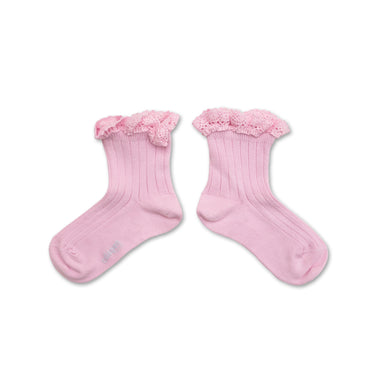 Lili Lace Trim Ribbed Ankle Socks, Rose Dragée