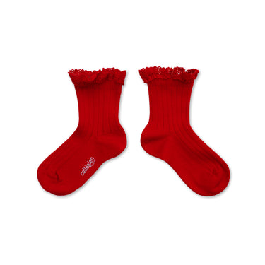 Lili Lace Trim Ribbed Ankle Socks, Coquelicot
