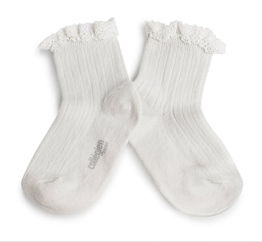 Lili Lace Trim Ribbed Ankle Socks, Blanc Neige