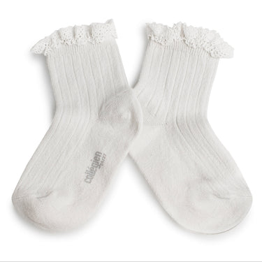 Lili Lace Trim Ribbed Ankle Socks, Blanc Neige