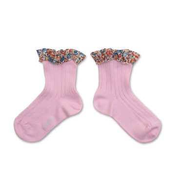 Charlotte Liberty Ruffle Ribbed Ankle Socks, Rose Dragée