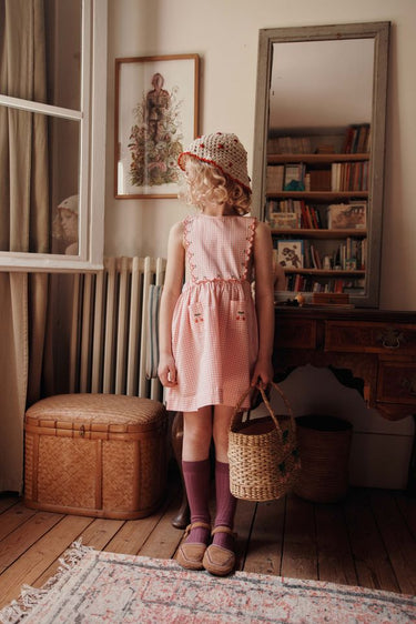 Cherry Embroidered Apron Dress, Pink Gingham