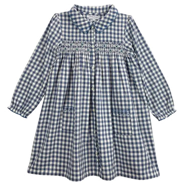 Cassie Flannel Smocked Dress, Navy Gingham