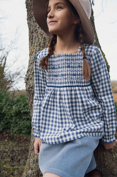 Ivy Flannel Smocked Blouse, Navy Gingham
