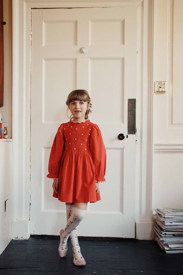 Embroidered Smocked Dress, Morello Cherry