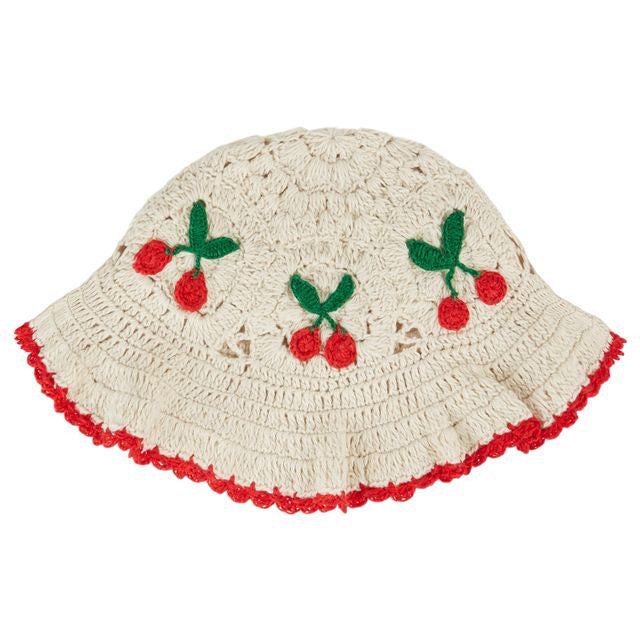 Cherry Crochet Bucket Hat, Creme