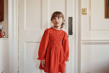 Embroidered Smocked Dress, Morello Cherry