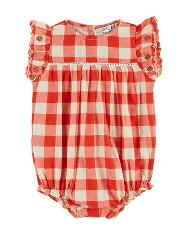 Strawberry Embroidered Romper, Vichy Rouge