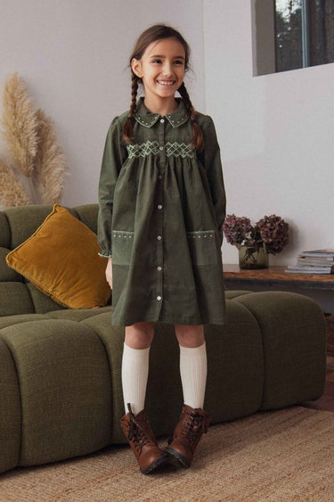 Cassie Corduroy Smocked Dress, Olive