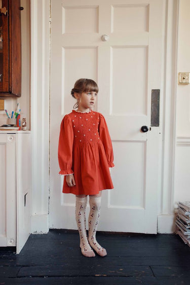 Embroidered Smocked Dress, Morello Cherry