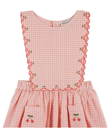 Cherry Embroidered Apron Dress, Pink Gingham