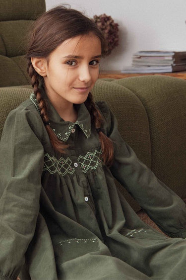 Cassie Corduroy Smocked Dress, Olive